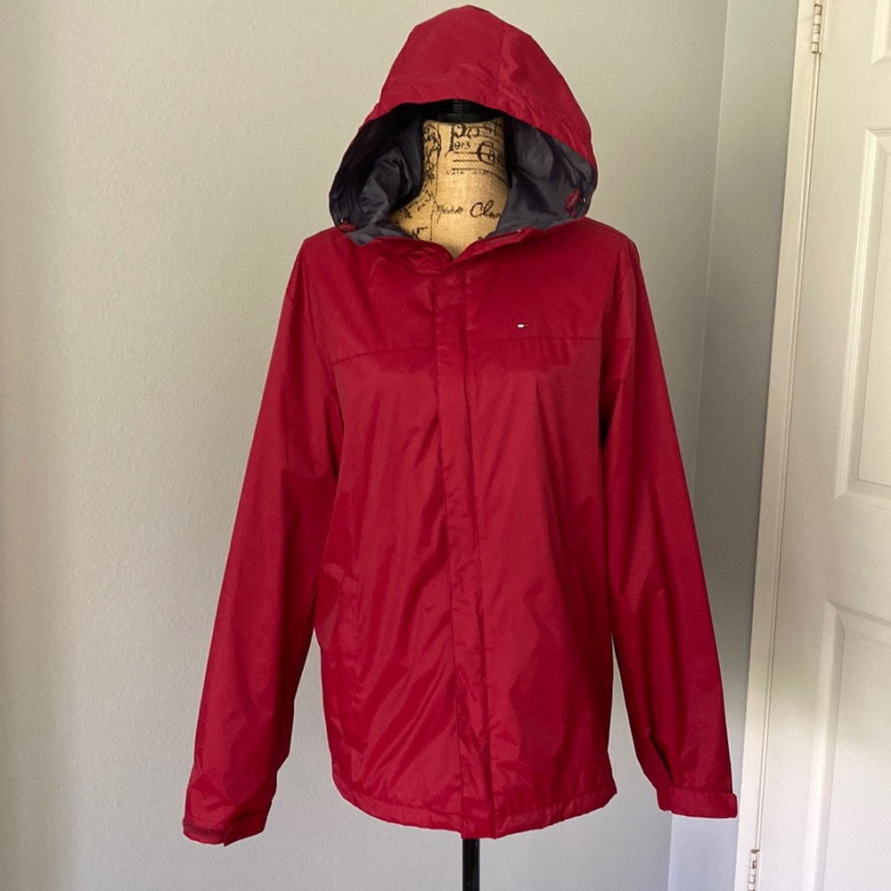 Tommy Hilfiger red rain jacket. Size small men’s but is unisex style.